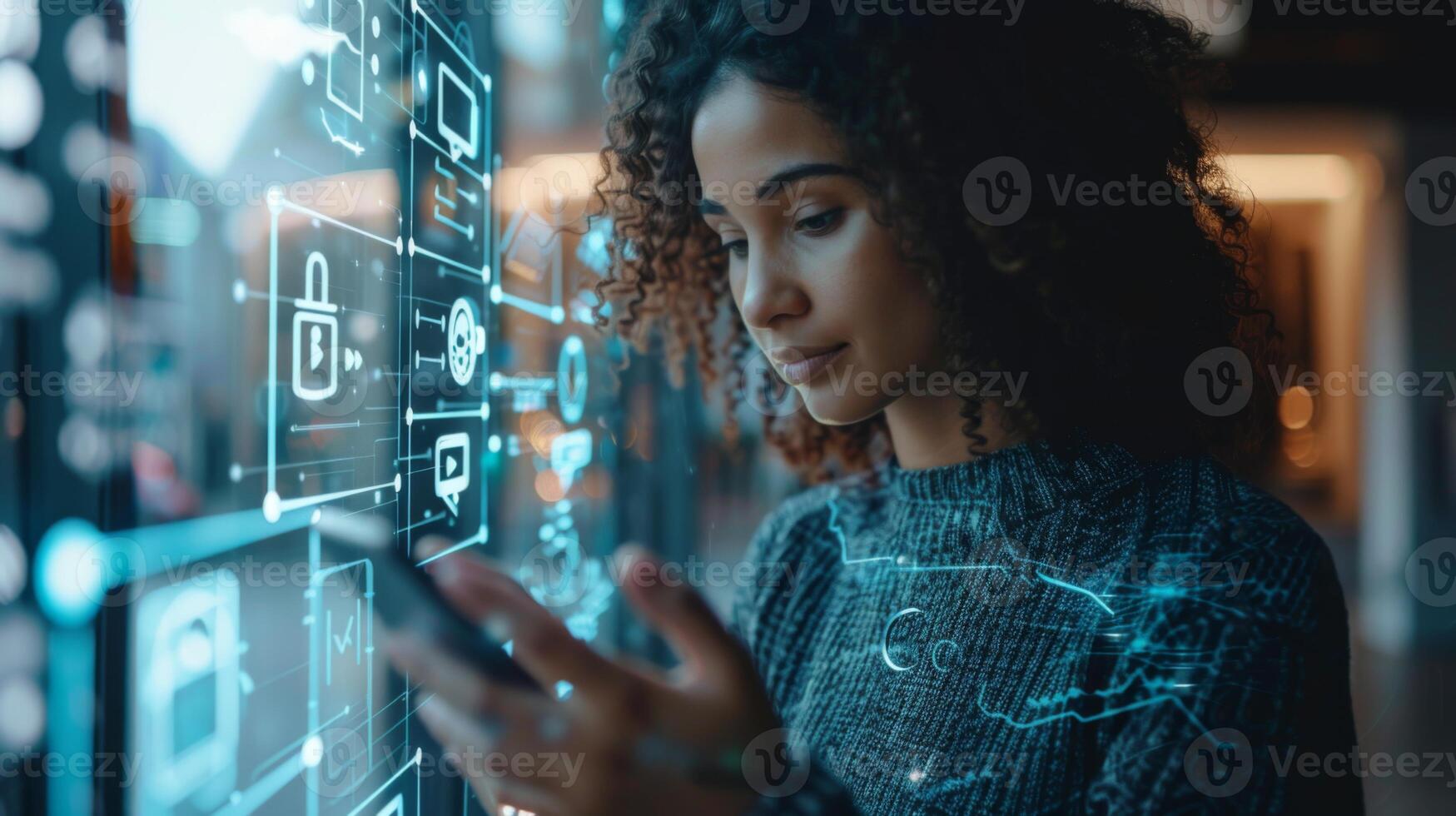 A woman with curly hair is engaged with a smartphone while viewing a digital interface filled with various icons and data in a contemporary workspace setting. photo