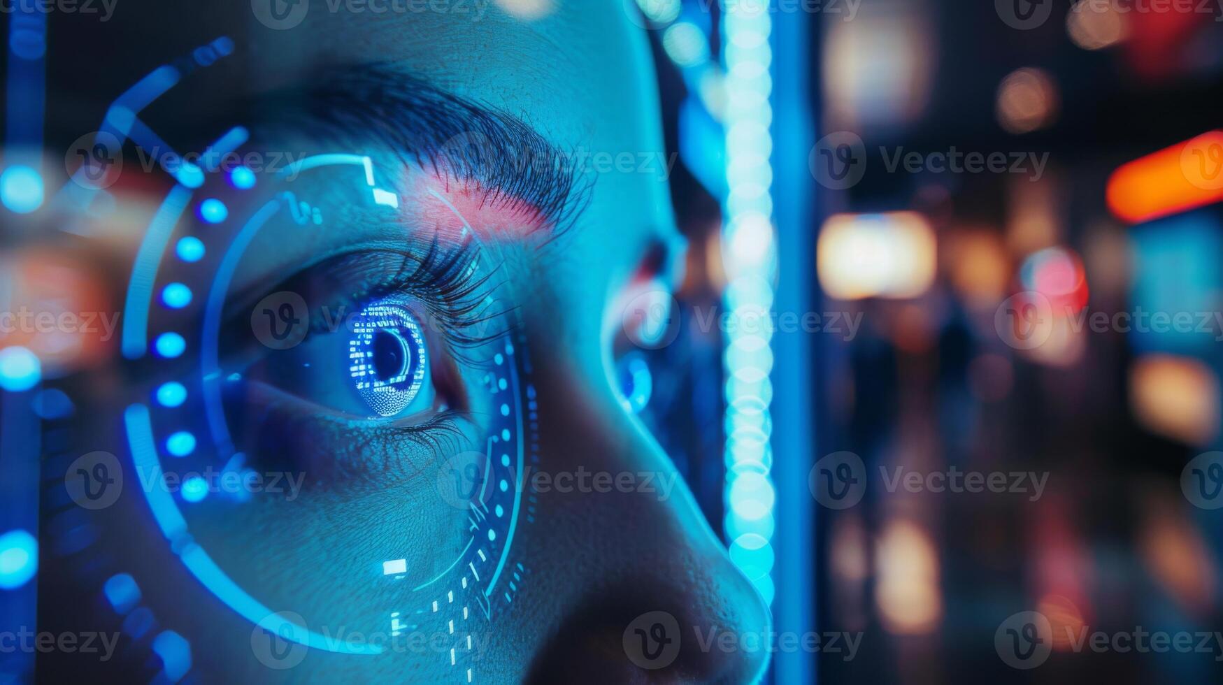 A person focuses intently on a digital biometric scanner surrounded by vibrant blue lights in an urban environment at night, highlighting technological advancement. photo