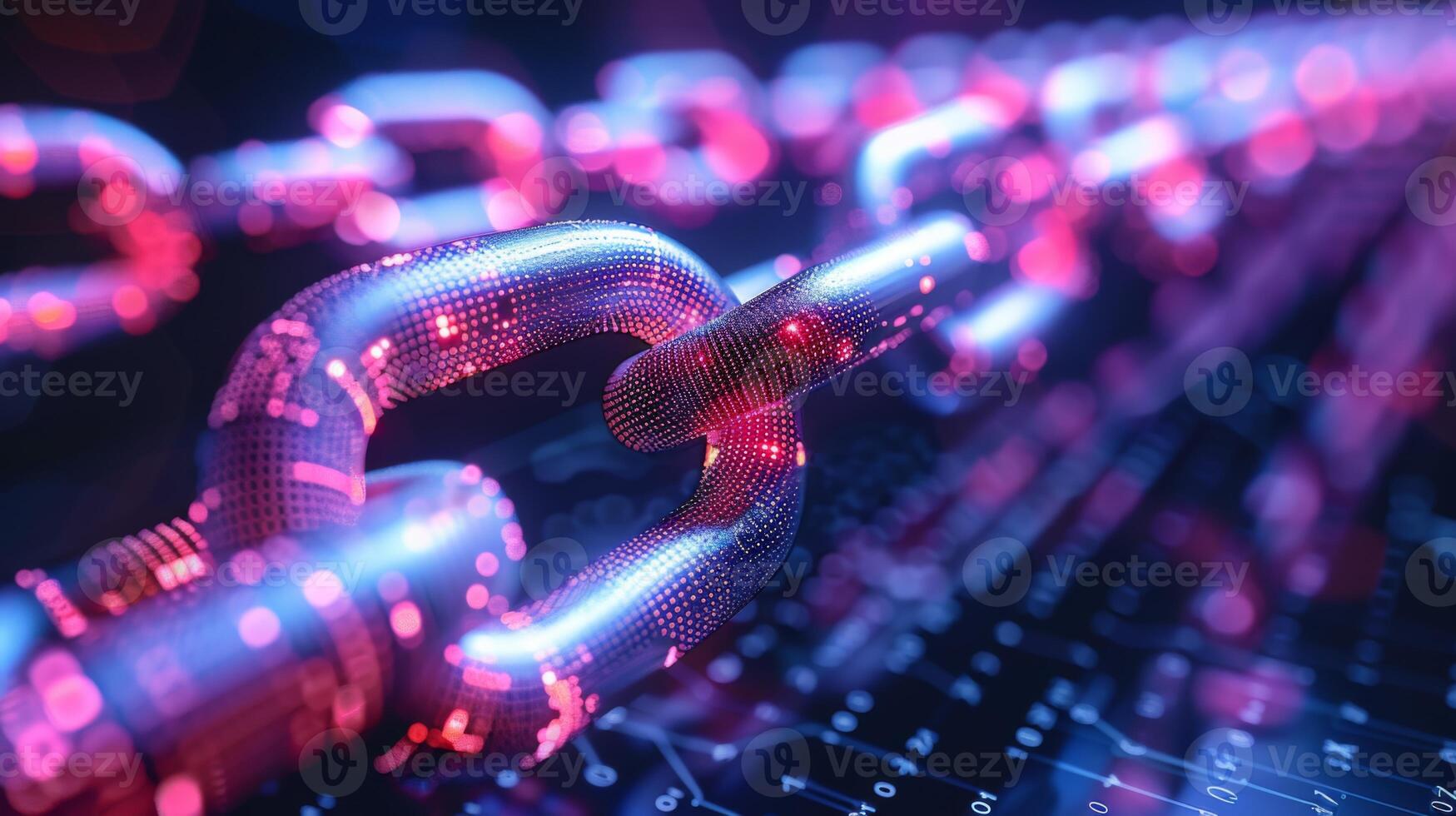 A close up view highlights luminous digital chains interlinked above a dark keyboard, emphasizing themes of connectivity, security, and advanced technology in a cyber landscape. photo