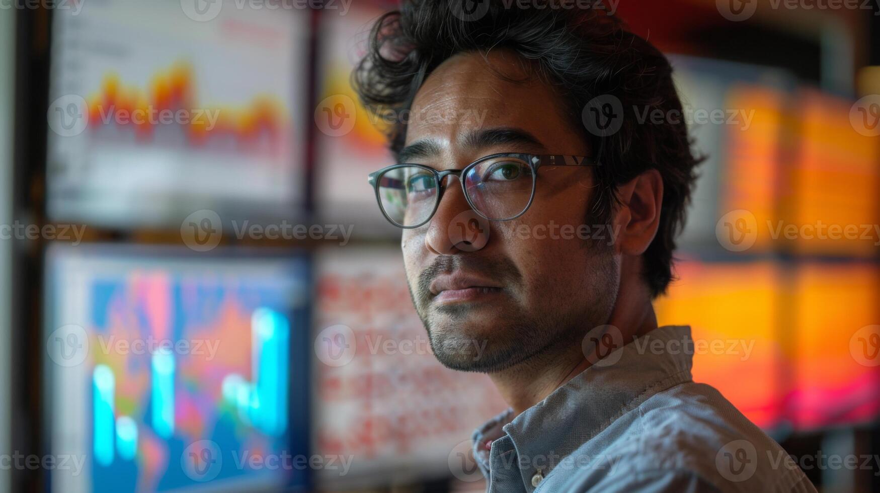 A focused business analyst analyzes data trends on multiple screens in a modern office environment, showcasing a professional approach to decision making during peak hours. photo