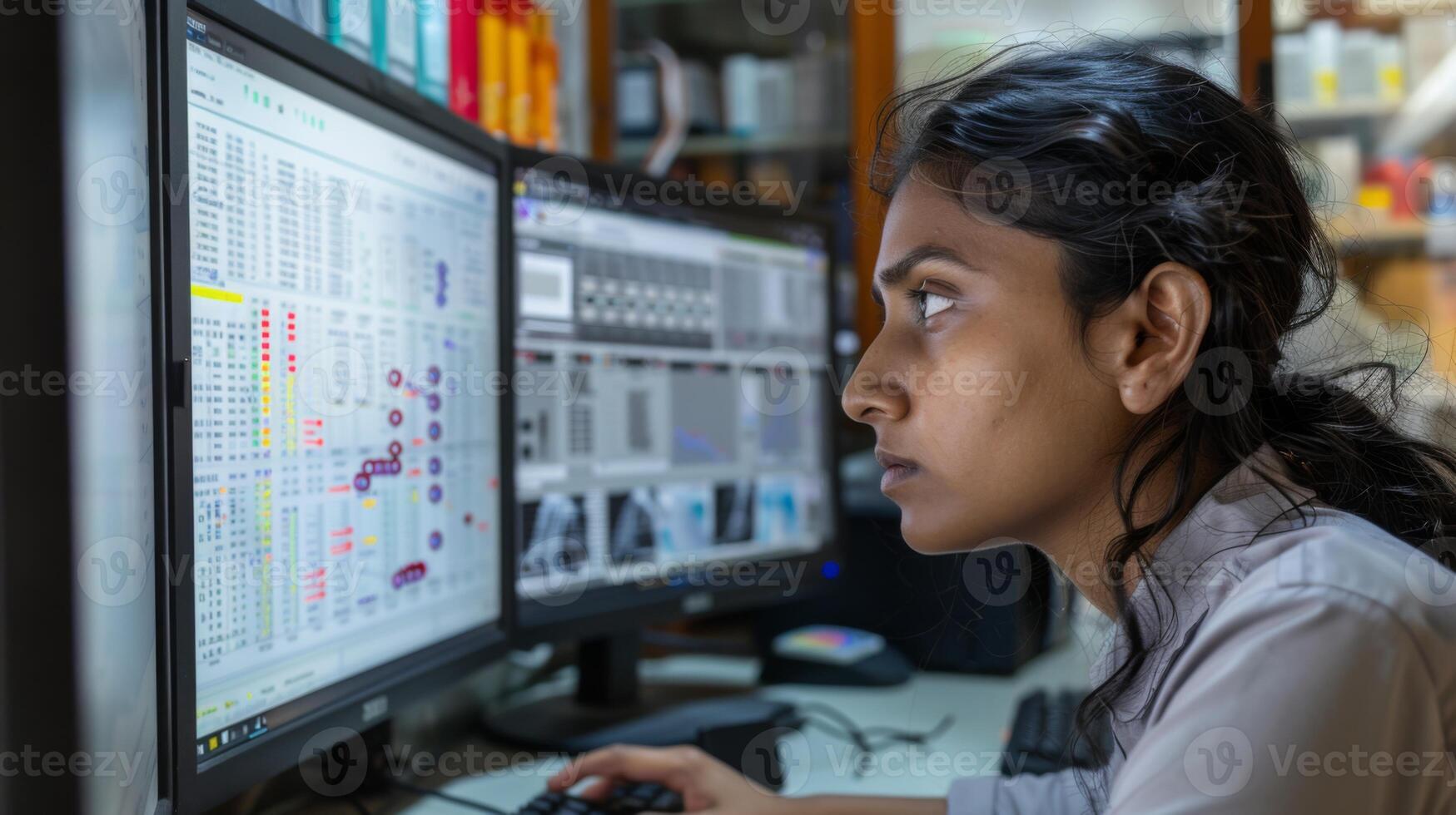 A researcher diligently examines intricate data visualizations and statistics displayed on two computer monitors in a well equipped laboratory. photo