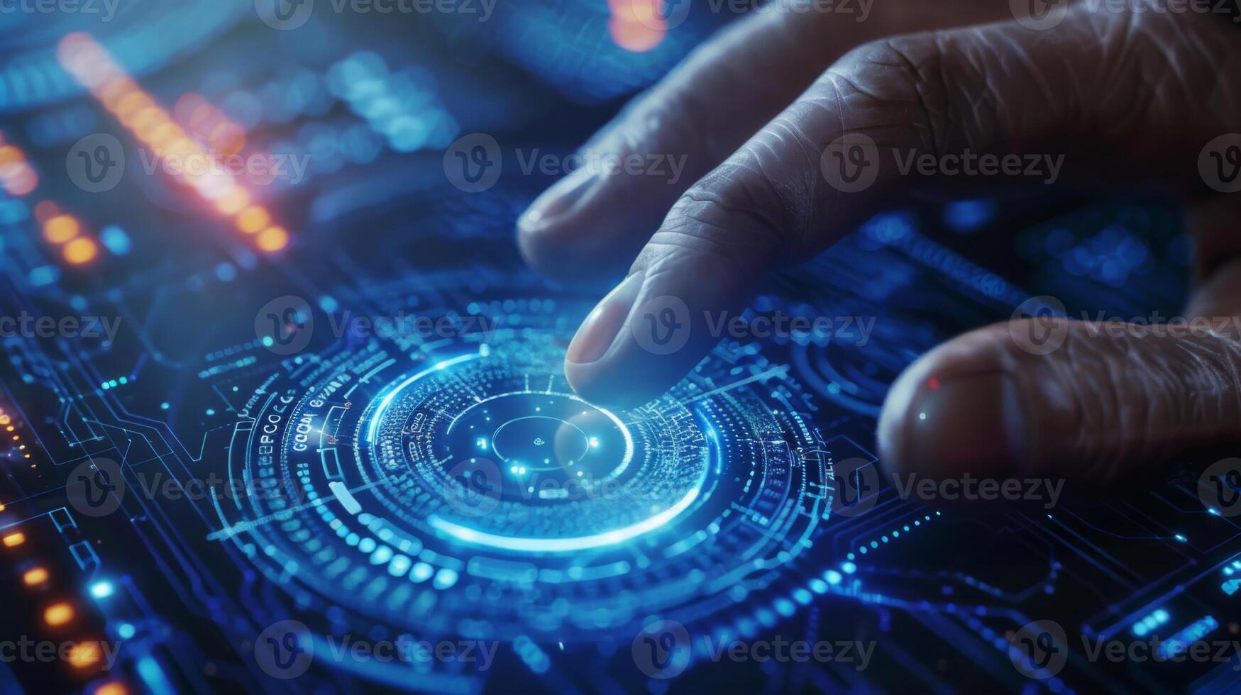 A hand is engaged with a glowing technological interface, where vibrant colors and intricate patterns signify advanced data visualization in a dim setting, reflecting modern innovation. photo