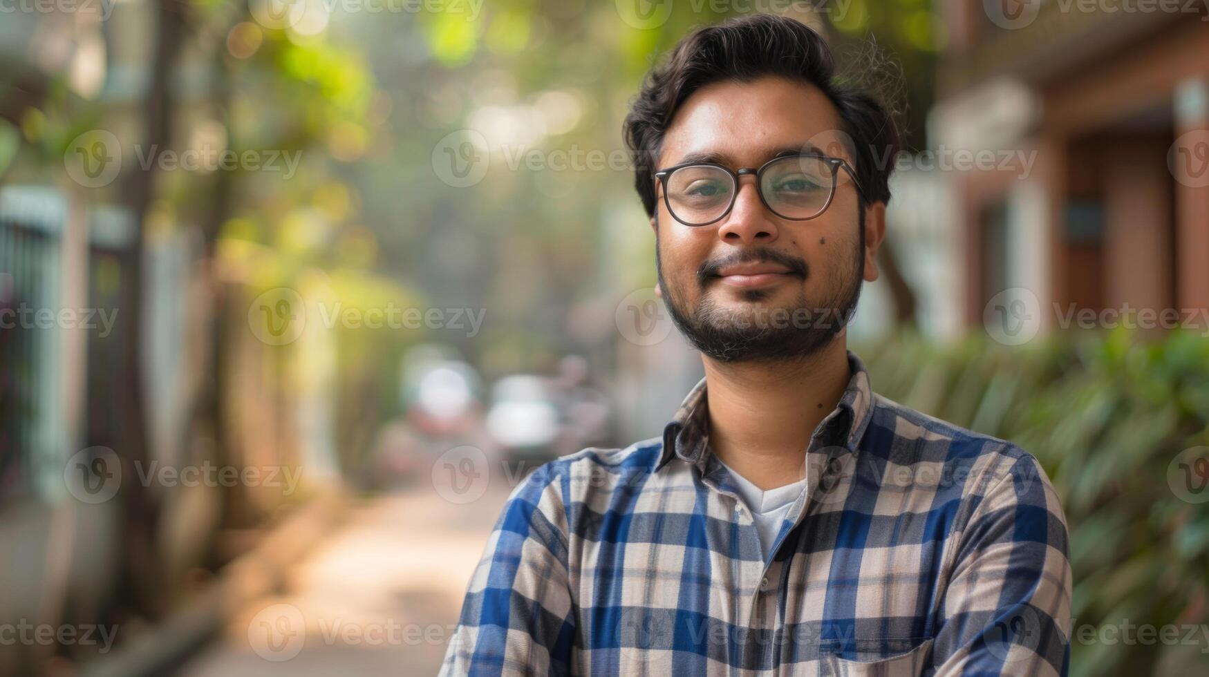 A man stands with arms crossed, smiling contentedly on a peaceful street shaded by trees. Sunlight filters through branches, creating a warm atmosphere. photo