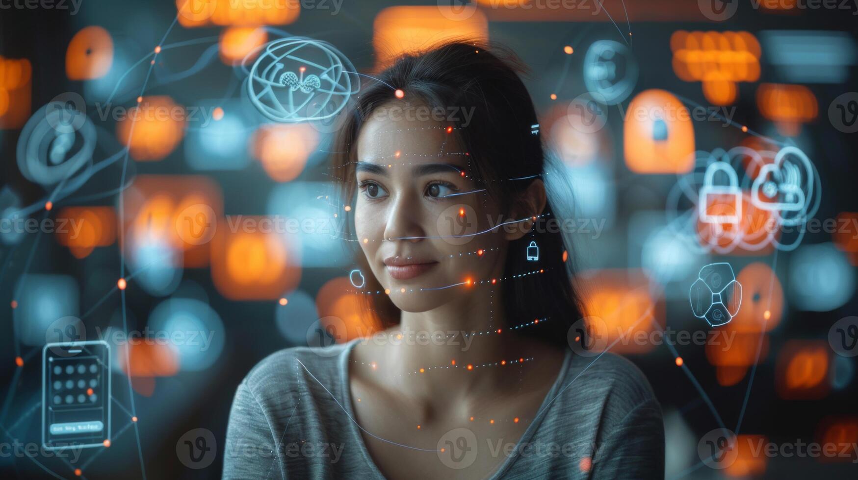 A young woman focuses on advanced holographic interfaces displaying various technology symbols in a contemporary office setting during the afternoon. photo