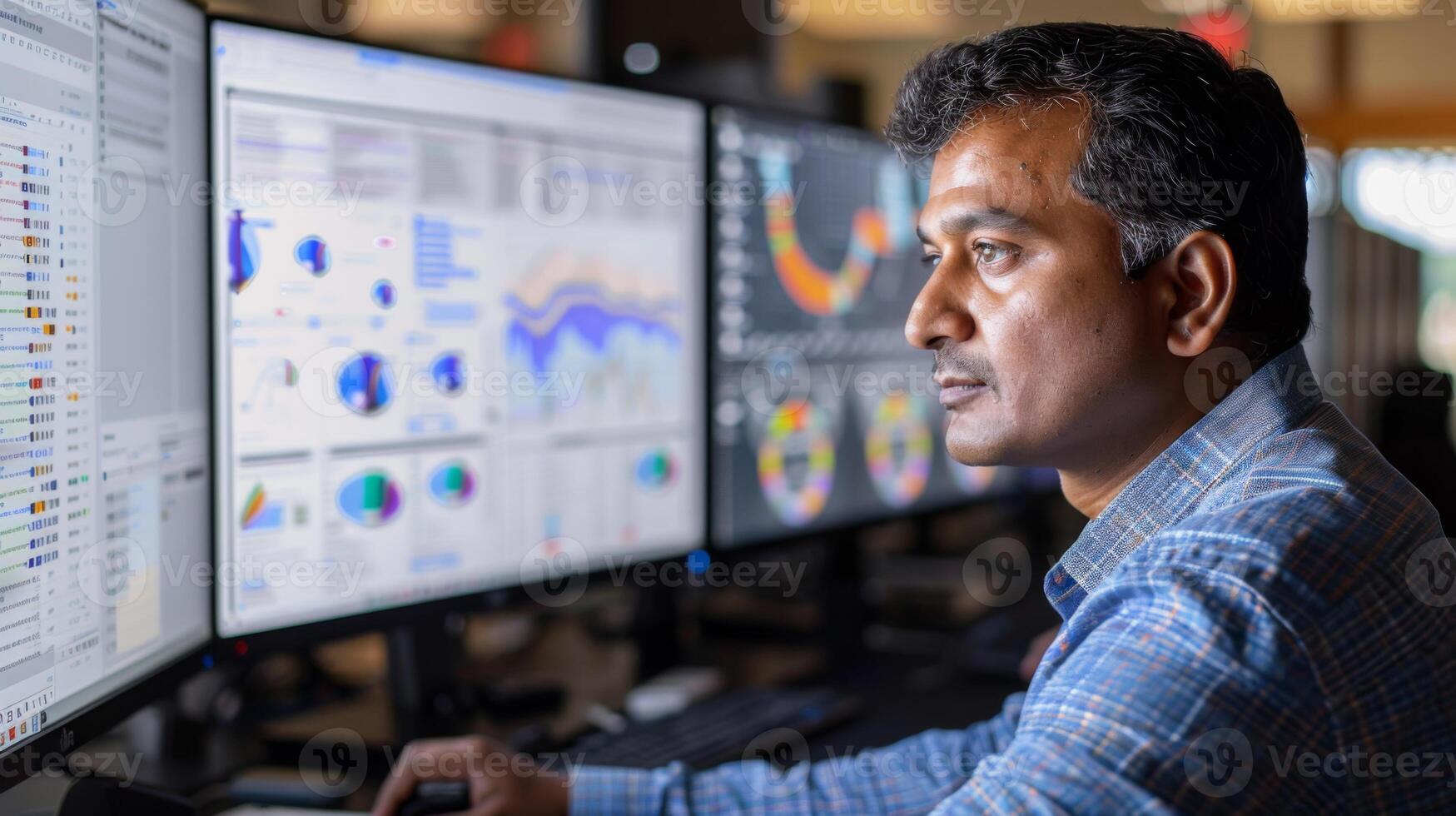 A focused professional analyzes various graphical representations of data on multiple computer monitors in a modern office setting during daytime hours. photo