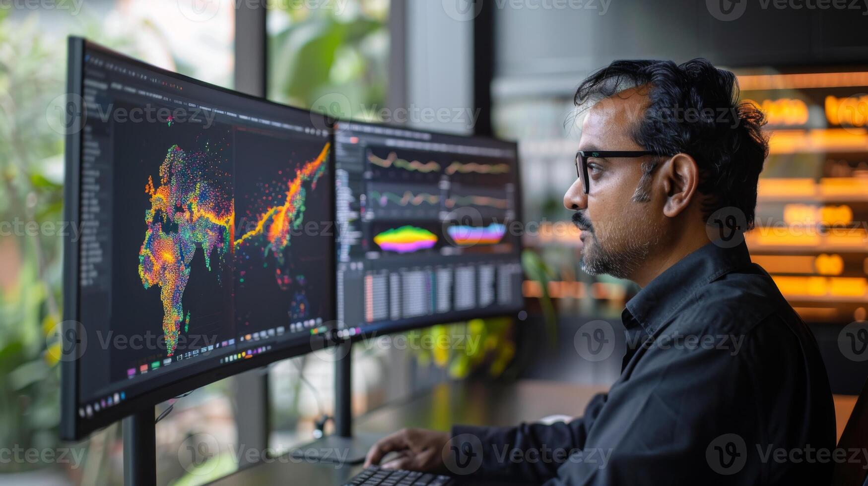 A professional studies complex data visualizations displayed on two large screens in a contemporary office setting. Lush greenery is visible in the background. photo