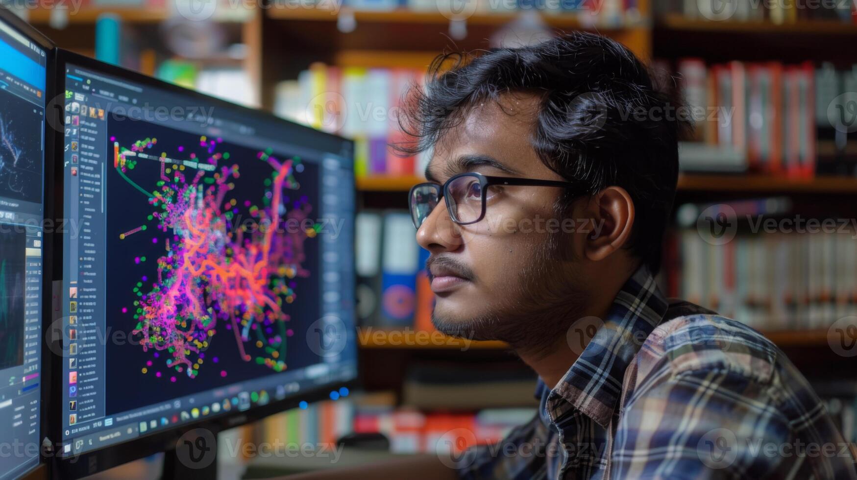 A young person with glasses intently observes multiple screens displaying intricate data visualizations. photo