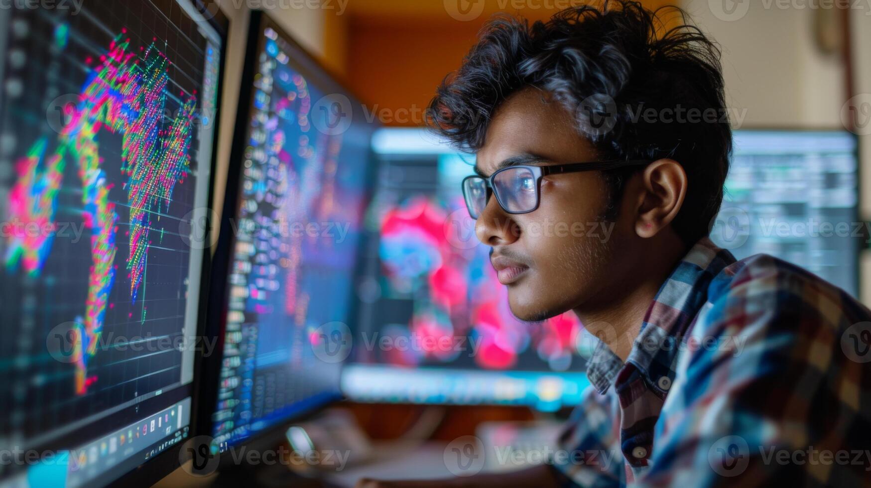 Individual works intently on multiple computer monitors filled with colorful graphs and data visualizations in a comfortable home workspace during the evening. photo