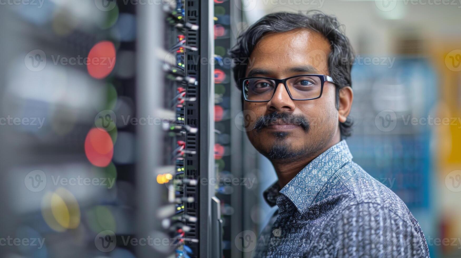 A dedicated individual is focused on his work in a technology facility, standing beside server racks filled with blinking equipment lights, reflecting a modern workspace. photo