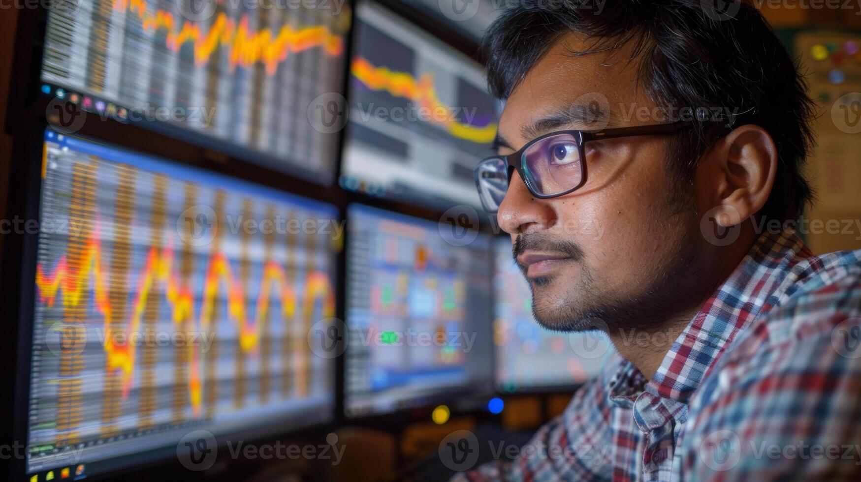 A trader intently observes various financial graphs and charts displayed on multiple screens in a well lit office. The late evening hours enhance the focus on market trends and data analysis. photo