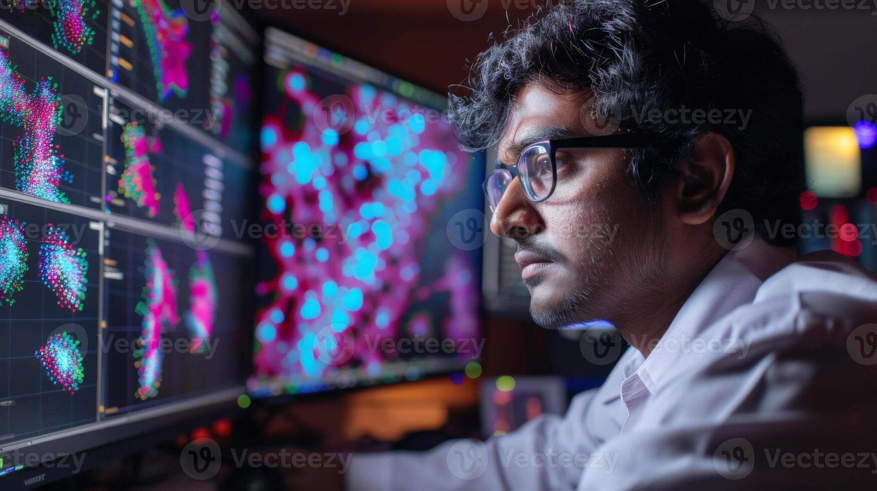 A data analyst intently examines vibrant visual data displays across multiple monitors in a contemporary workspace during the evening hours. photo