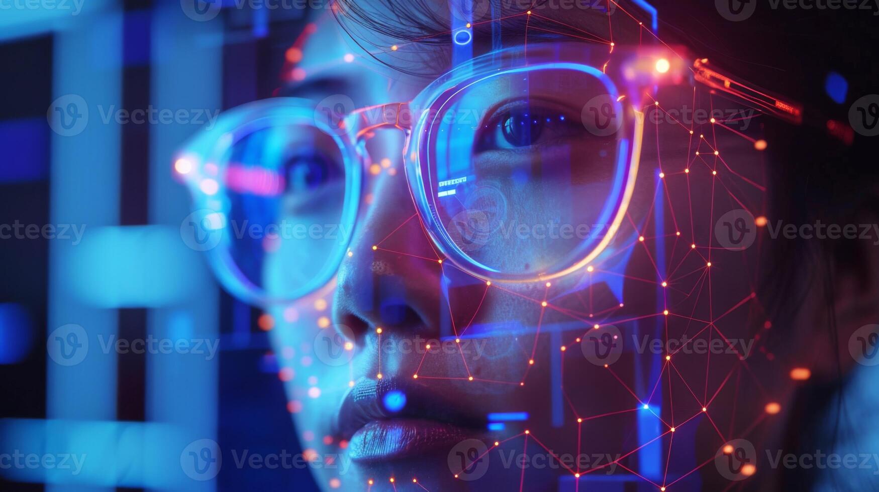 Individual with glasses engaging with futuristic technology in a low light setting, illuminated by vibrant, colorful digital graphics, showcasing a blend of human and machine interaction. photo