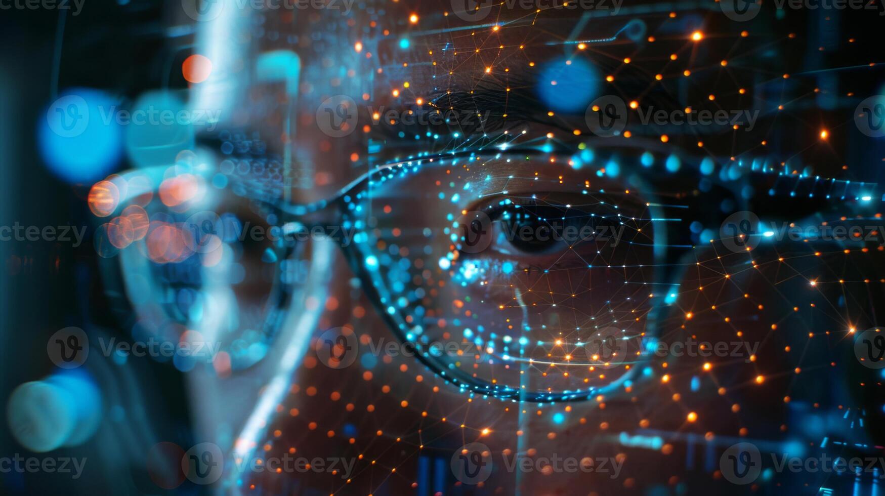 Focused gaze showcases a person's eye surrounded by vibrant digital graphics. Bright dots and lines symbolize data and technology in an innovative environment. photo
