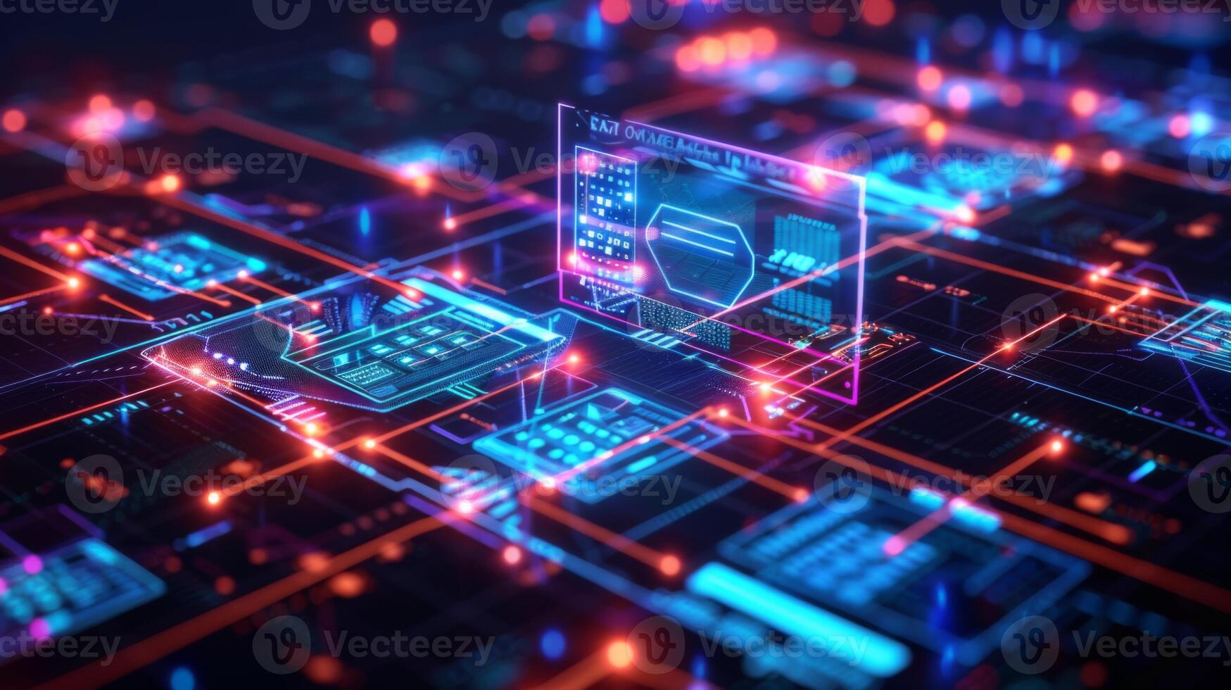 Bright neon patterns create a complex digital landscape, featuring interconnected circuit designs and glowing nodes that represent advanced technology concepts and data flow. photo