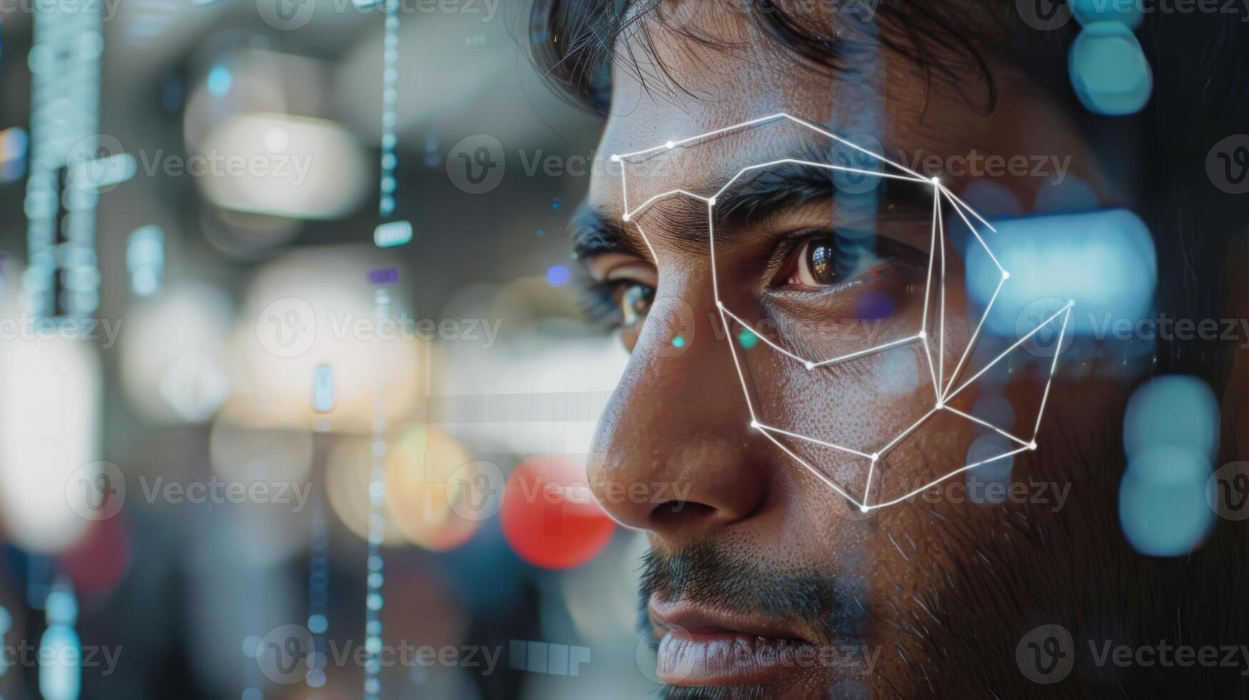 A close up view of a man's face shows facial recognition technology analyzing features with digital patterns overlaying in a bustling tech setting during the day. photo