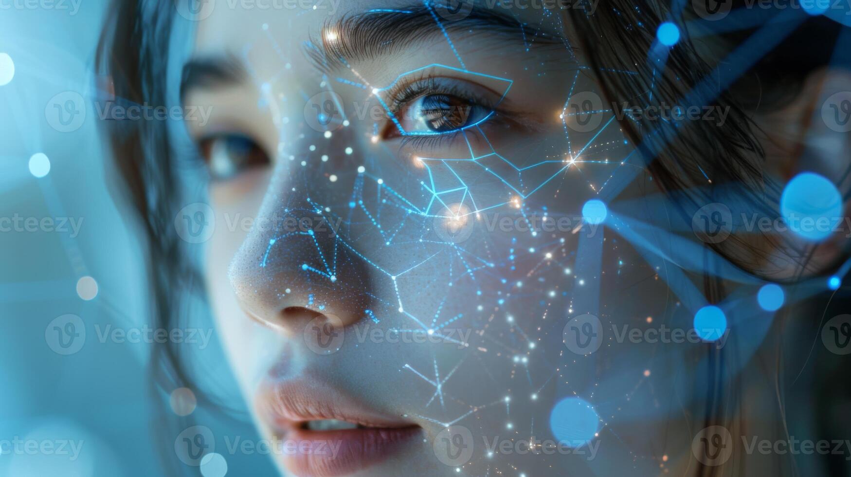 A woman with dark hair gazes intently as digital patterns and blue lights illuminate her profile, showcasing a blend of technology and human expression against a soft background. photo