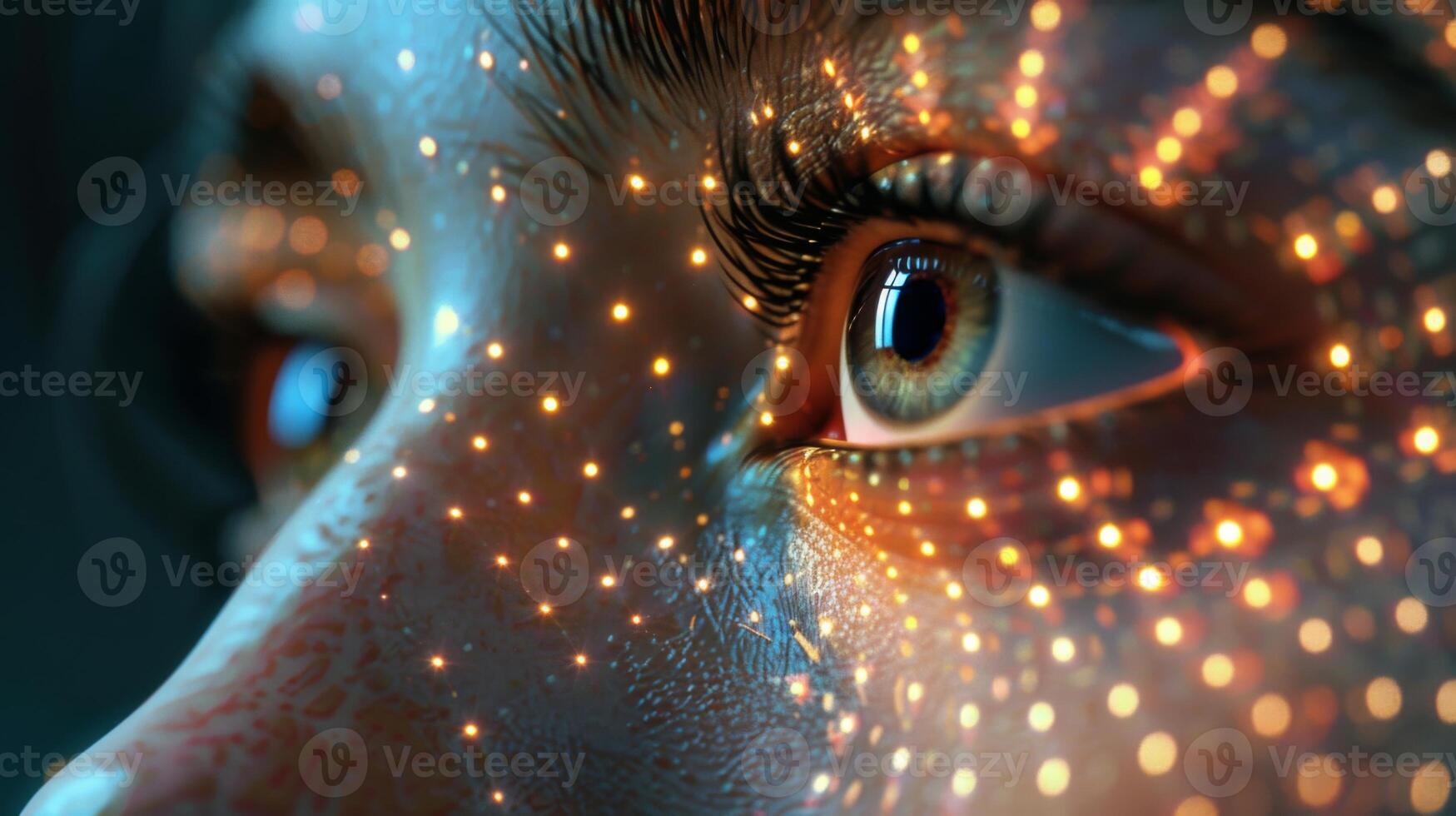 A close up captures the beauty of an eye surrounded by intricate light patterns and reflections, showcasing artistic creativity in a vibrant urban atmosphere during evening hours. photo