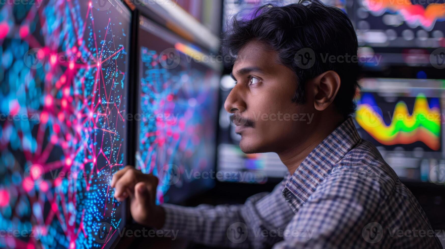 A young man focused on interpreting intricate data visualizations displayed on several monitors while working in a contemporary office during evening hours. photo