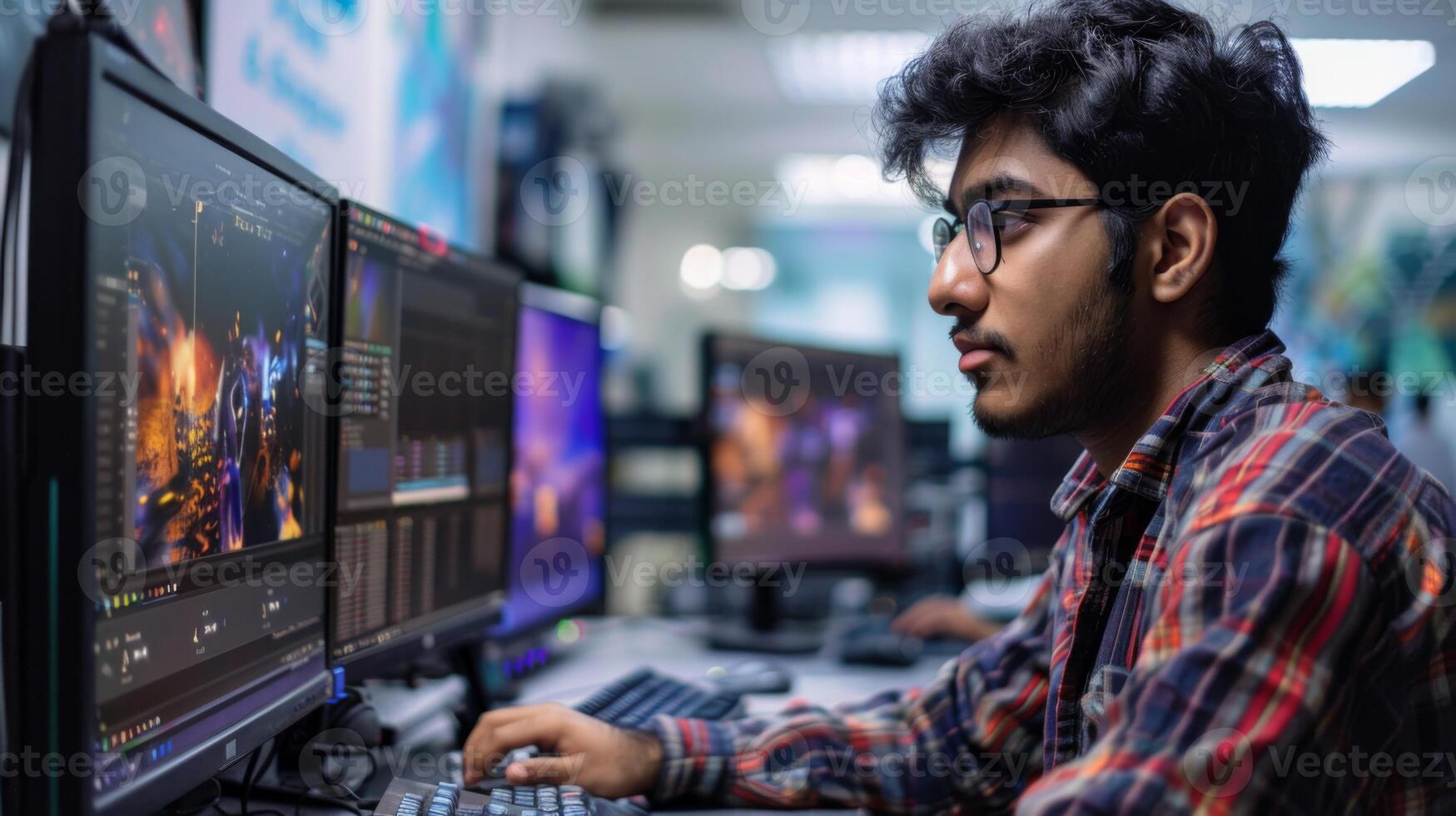 A young man is intently working on graphic design tasks at a desk filled with computer screens in a bright, modern workspace. He is using editing software to create engaging visuals. photo