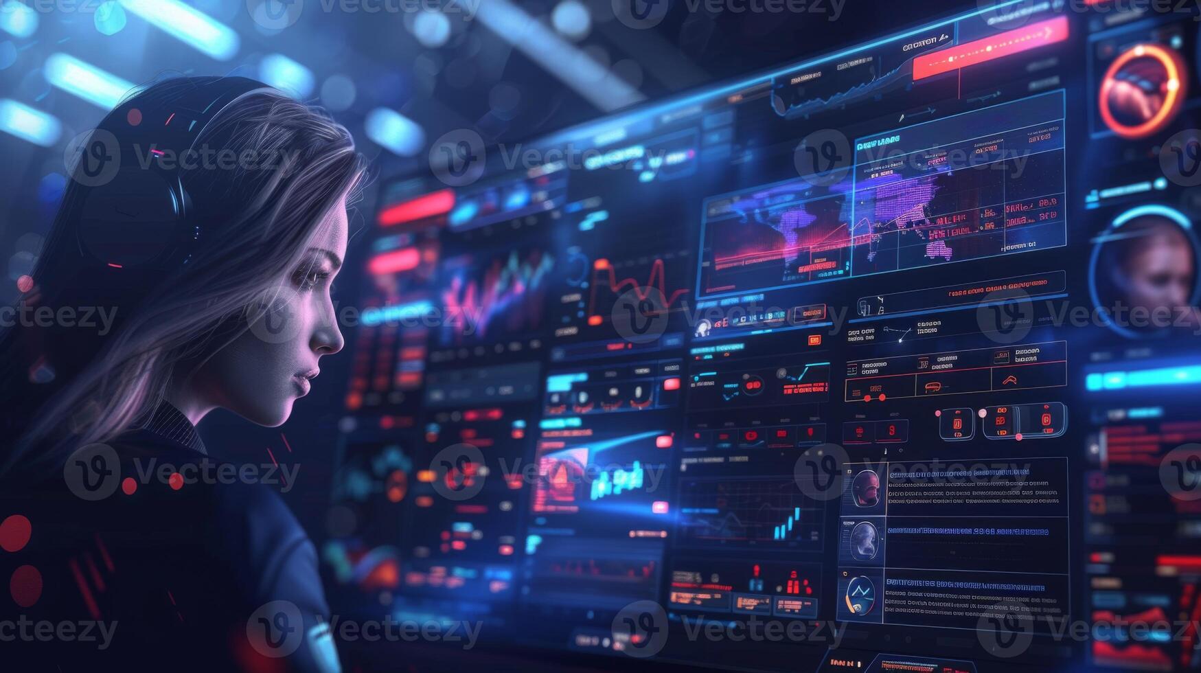 A person focuses on multiple screens displaying data analytics and maps in a futuristic control room, immersed in a high tech environment illuminated by blue light. photo