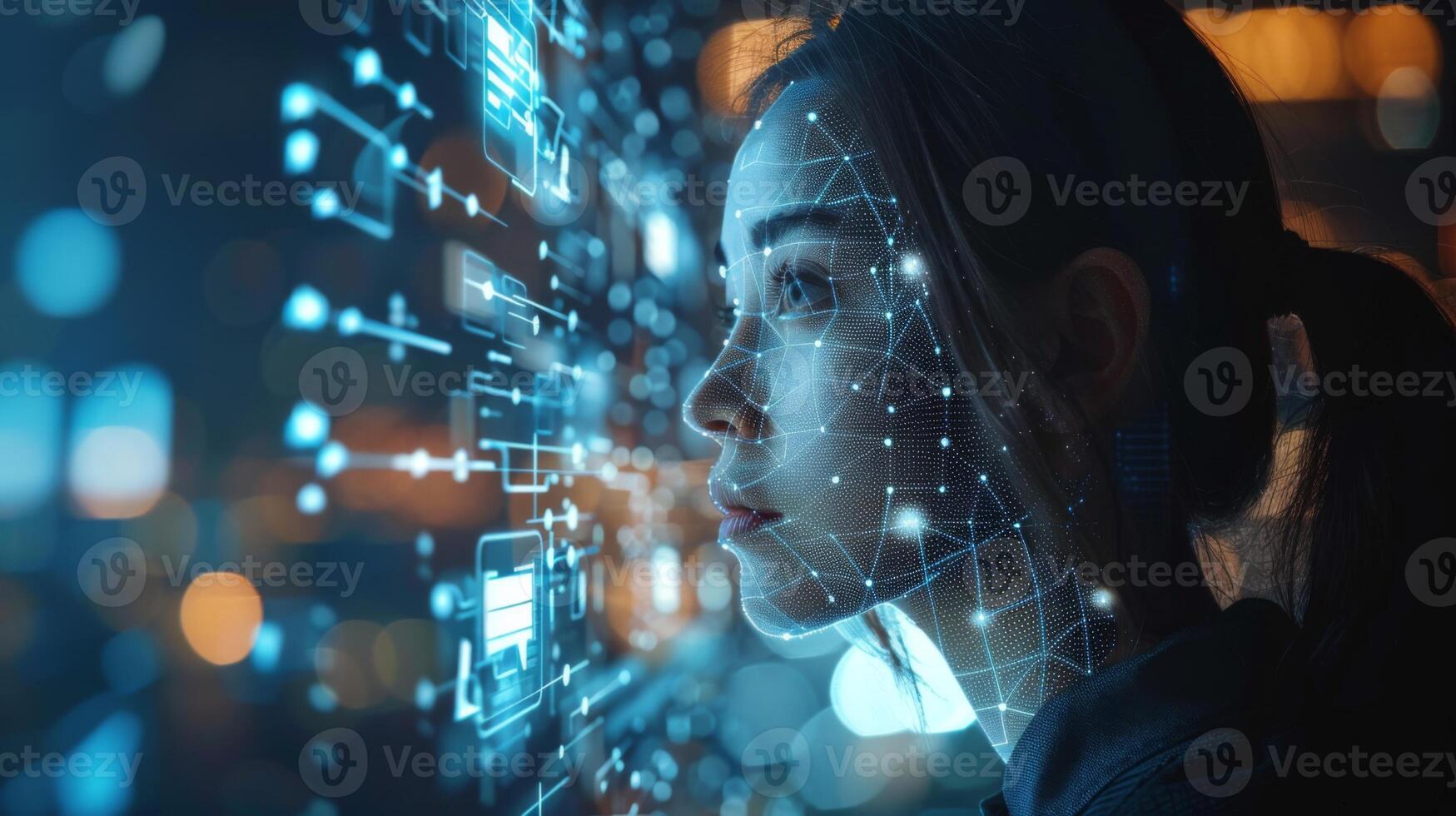 A woman looks thoughtfully at illuminated data visualizations projected beside her in an urban setting, showcasing advanced technology and innovation, with a city background. photo