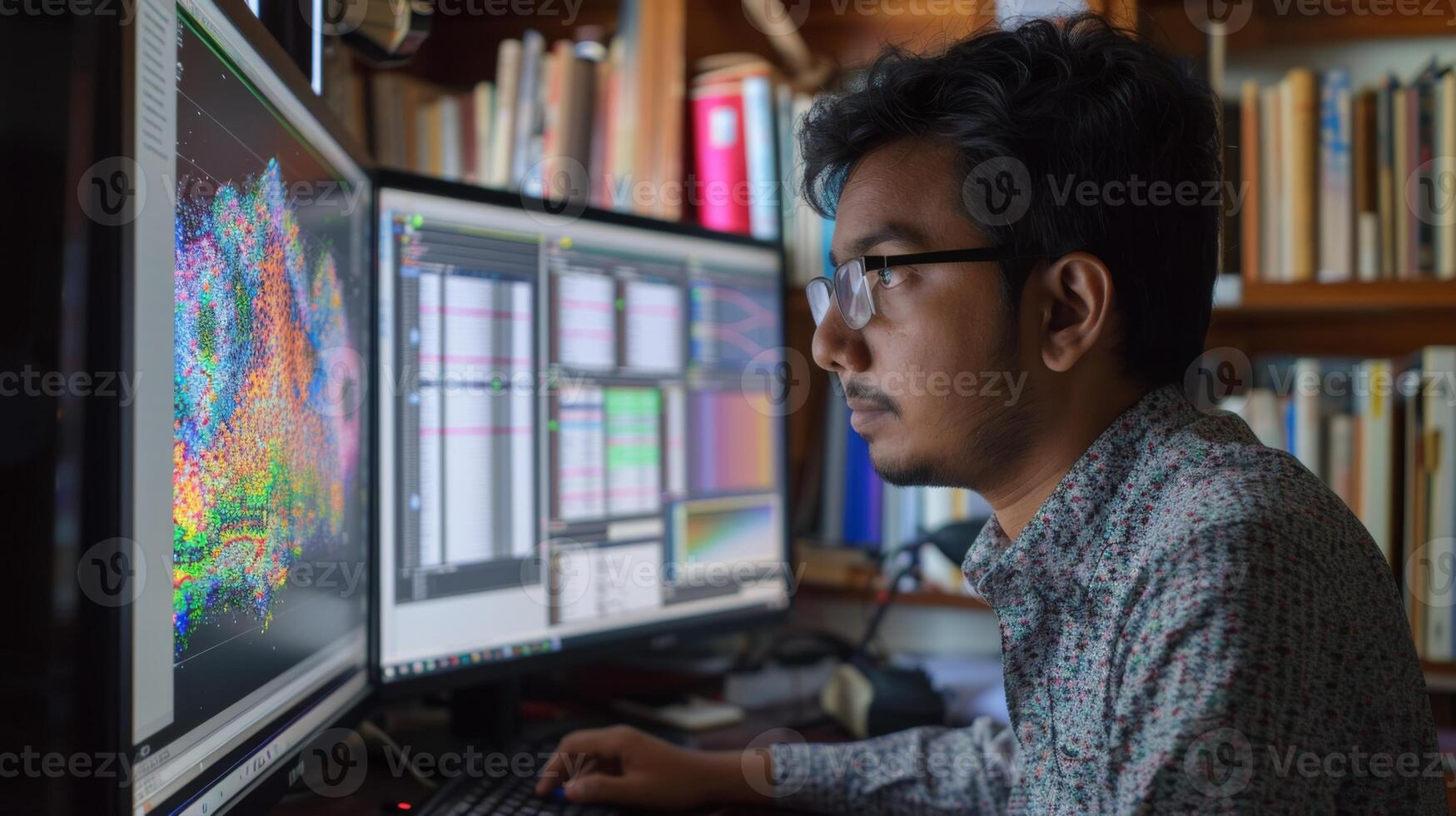 A young man is intently examining multiple computer screens filled with colorful data visualizations and charts. The warm library environment features wooden shelves filled with books. photo