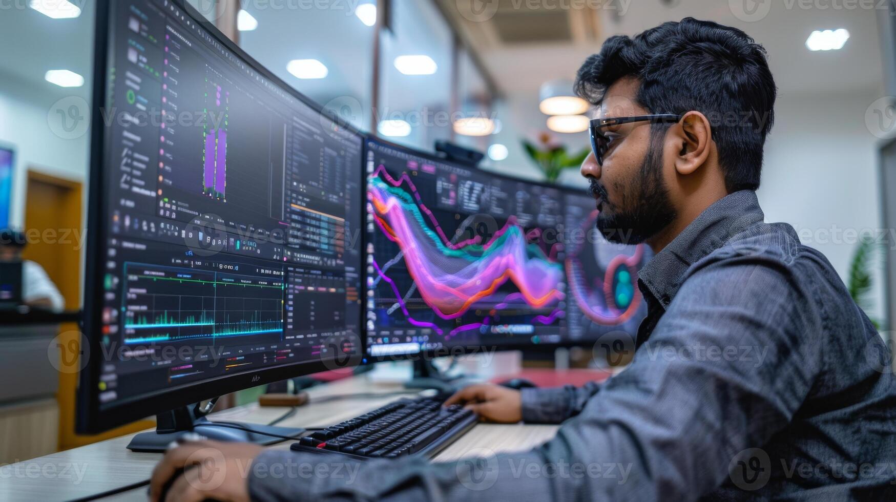 A focused individual sits in a contemporary office setting, examining dynamic data visualizations on large displays while utilizing a keyboard and mouse for analysis. photo