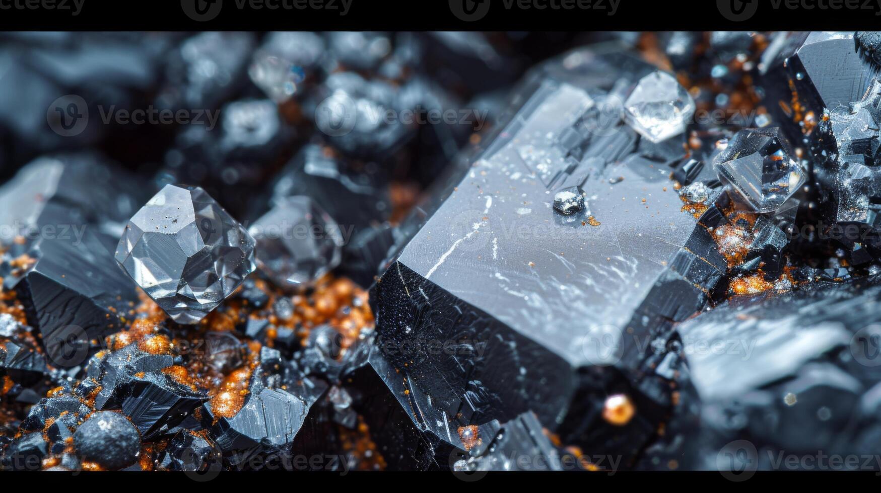 Detailed macro view revealing intricate structures of black mineral crystals interspersed with sparkling orange highlights, showcasing their natural beauty and unique formations. photo