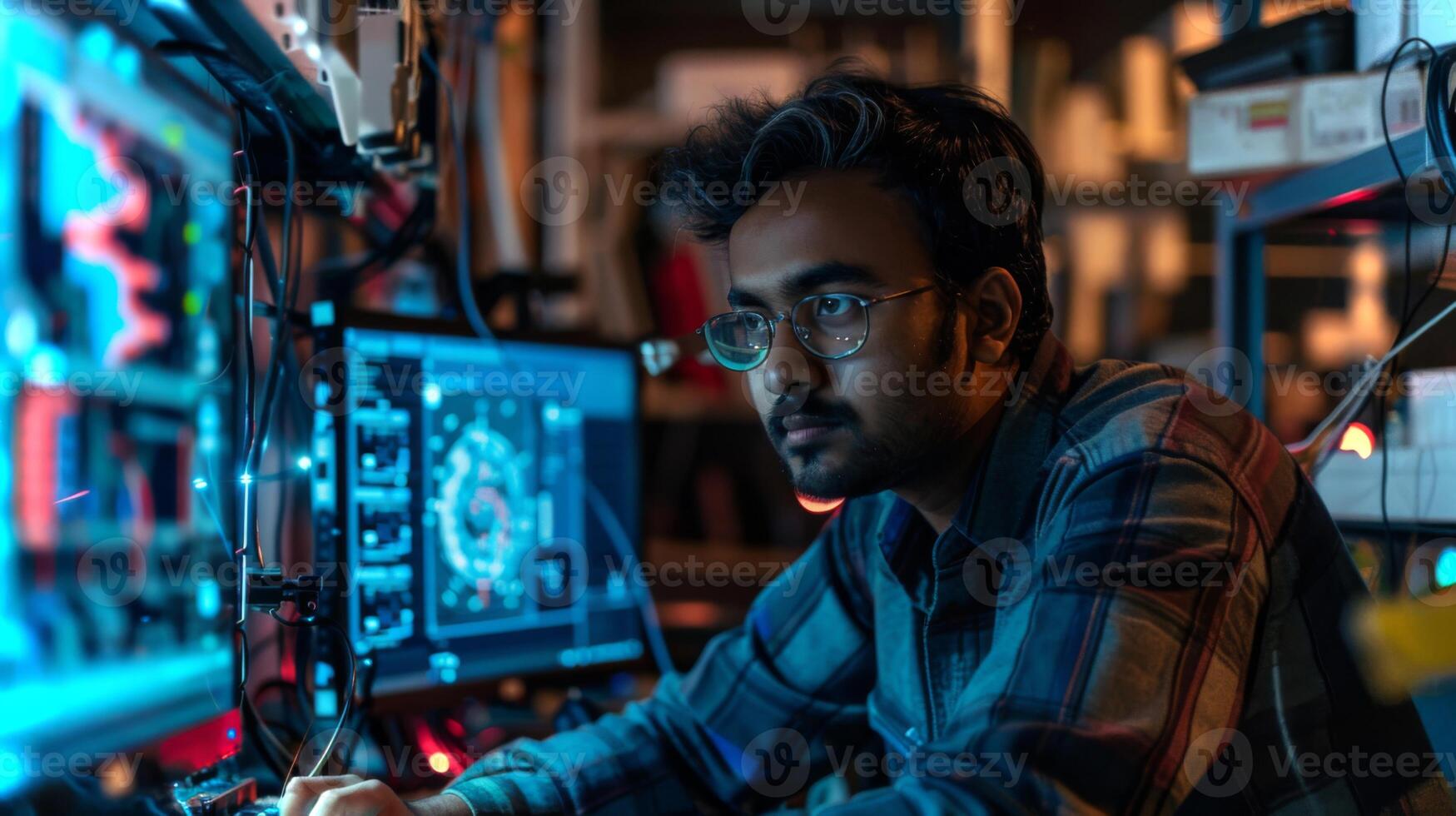 An individual with glasses is focused on coding at a computer, surrounded by multiple monitors displaying data analysis. The ambient lighting creates a high tech atmosphere. photo