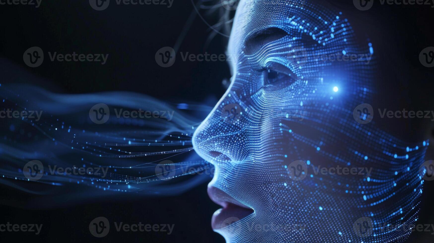 A creative representation of a woman's profile enhanced with glowing lines and particles, illustrating a modern fusion of technology and art in a dark setting. photo