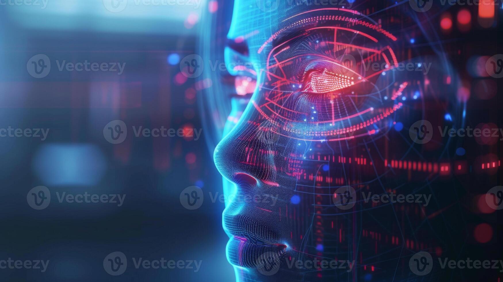 A futuristic digital representation features a human face outlined by glowing circuits and vibrant data patterns, showcasing the theme of artificial intelligence and technology advancement. photo