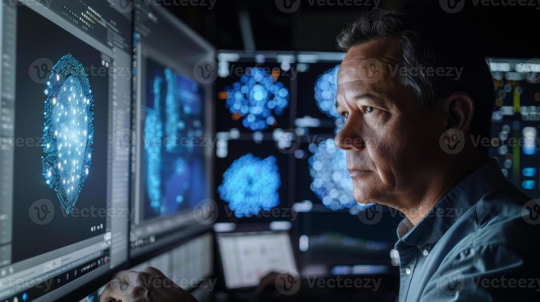 A professional focused on analyzing complex data visualizations displayed on multiple screens in a high tech control room during the evening, showcasing advanced technology and analysis. photo