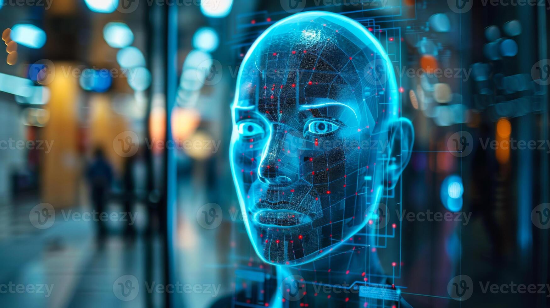 A highly realistic digital face glows with blue light, while patterns and data points surround it. Visitors in the background explore a technology exhibition focusing on AI innovations. photo