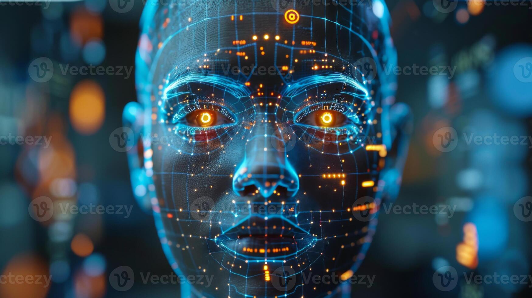 A detailed representation of a digital face features glowing eyes and an elaborate circuit design. The artwork emphasizes technology and innovation in a modern context. photo