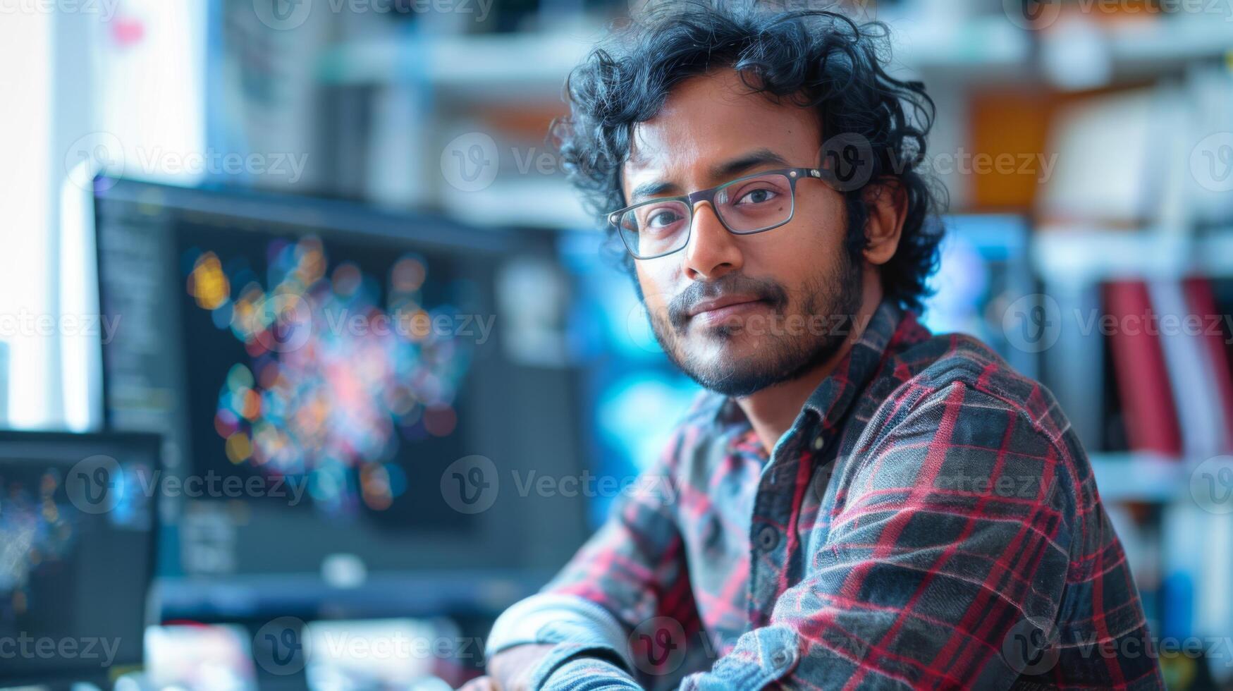 A young man with glasses sits at a desk in a creative workspace. Colorful computer screens behind him showcase intricate digital graphics, highlighting his artistic endeavors. photo