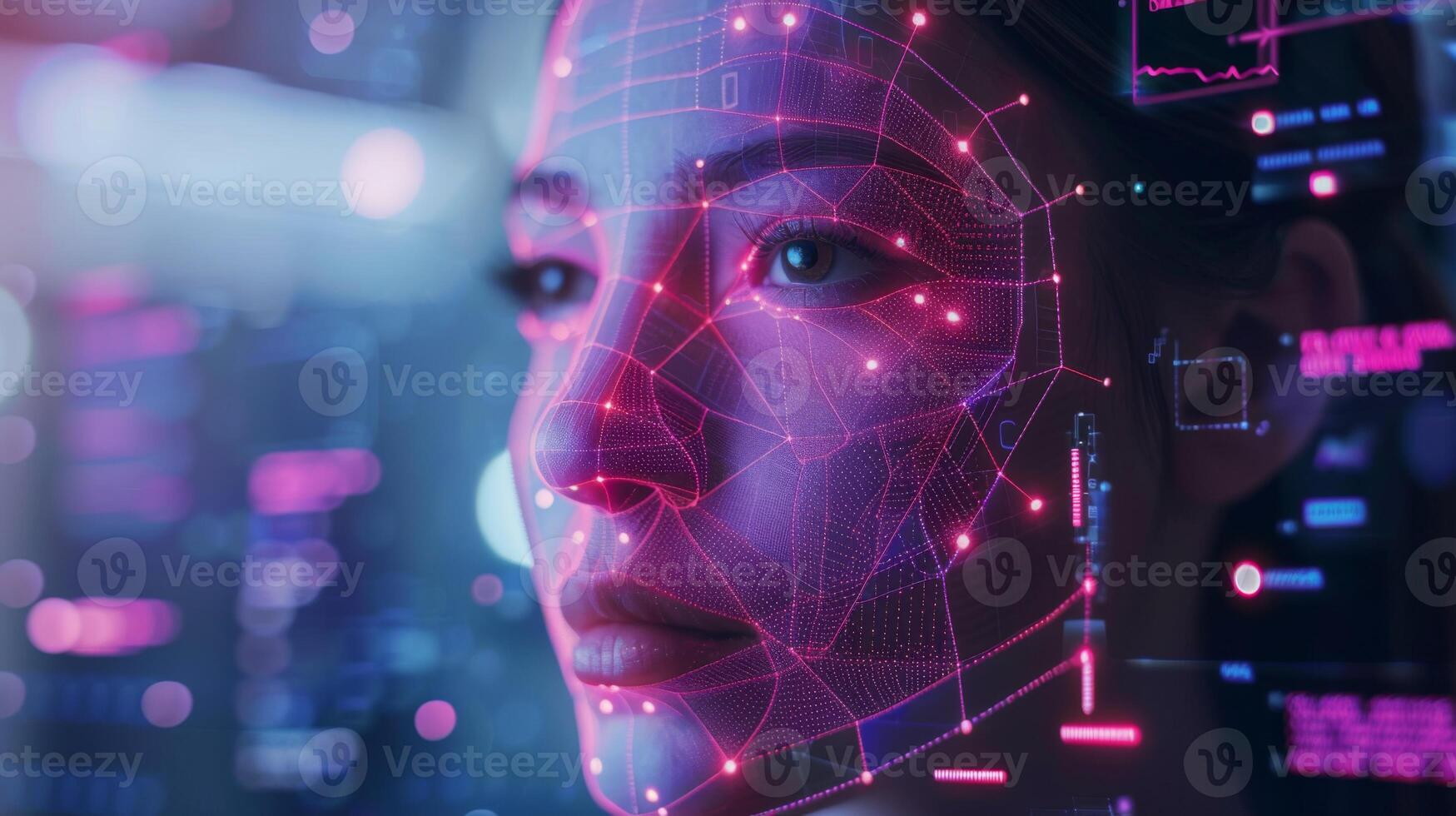 Close up of a woman's face displaying a digital overlay of facial recognition technology. Bright colors and data visuals illustrate the interaction between human features and advanced computing. photo