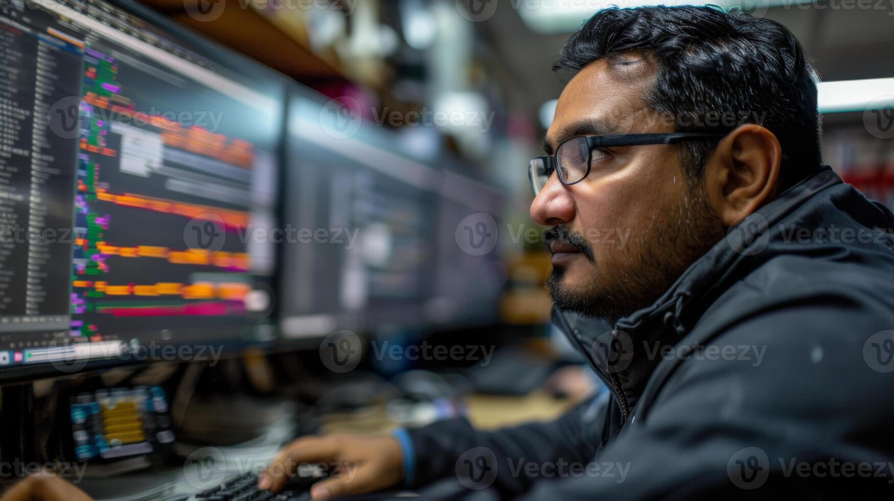 An individual is intently analyzing data on multiple monitors in a busy technology workspace during the late hours, showcasing dedication and concentration on the task. photo