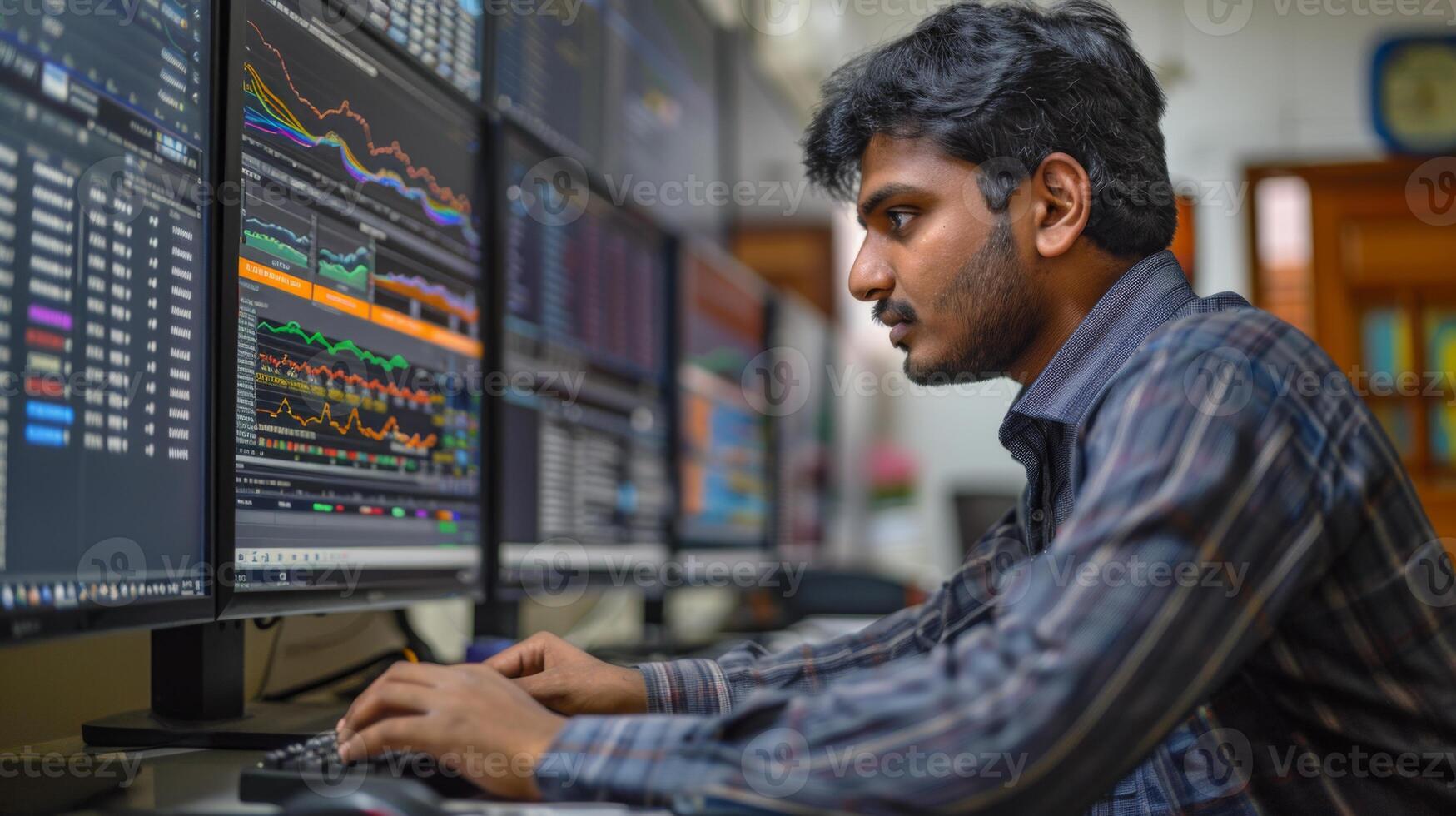 A man focuses intently on stock market graphs and data presented on several computer monitors while working in a contemporary office environment at dusk photo