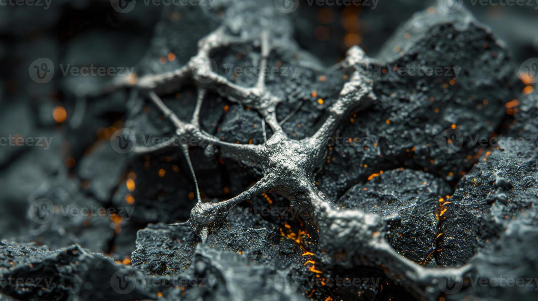 A delicate silver structure is positioned atop textured black coal, surrounded by glowing embers. The contrast highlights the intricate details and materials involved in this captivating arrangement. photo