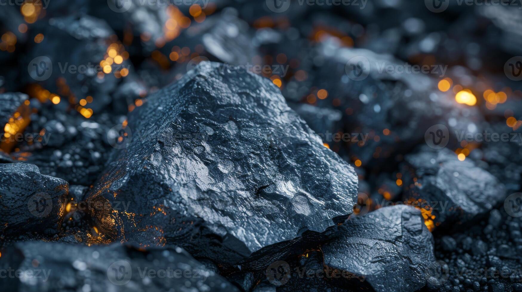 Close up view of dark rocks scattered on the ground with glowing orange embers, highlighting intricate textures and details in a dark setting at night. photo