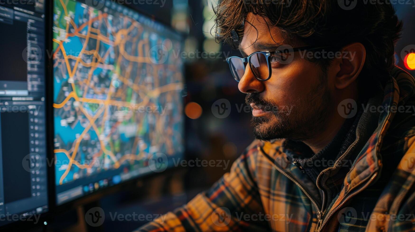 A young man wearing glasses is focused on multiple computer screens displaying detailed maps and data while working late in a contemporary office setting. photo