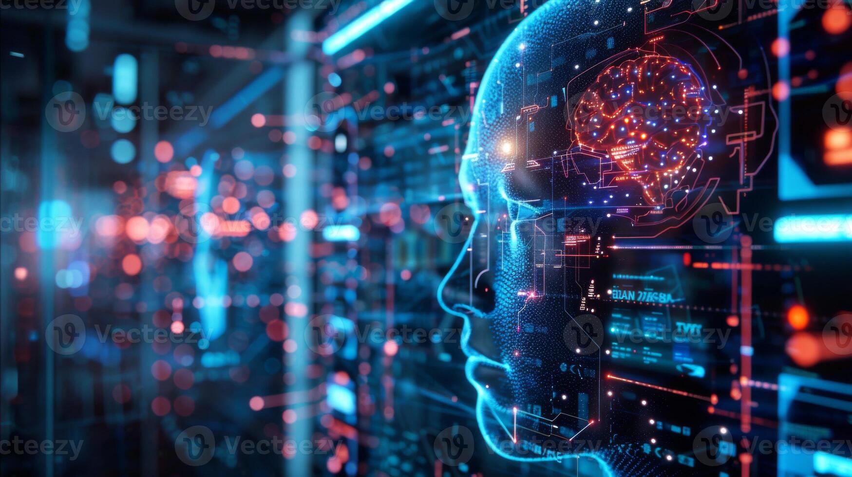 A futuristic visualization of a human shaped figure with a glowing brain, integrated in a high tech backdrop featuring digital data streams and glowing circuitry. photo