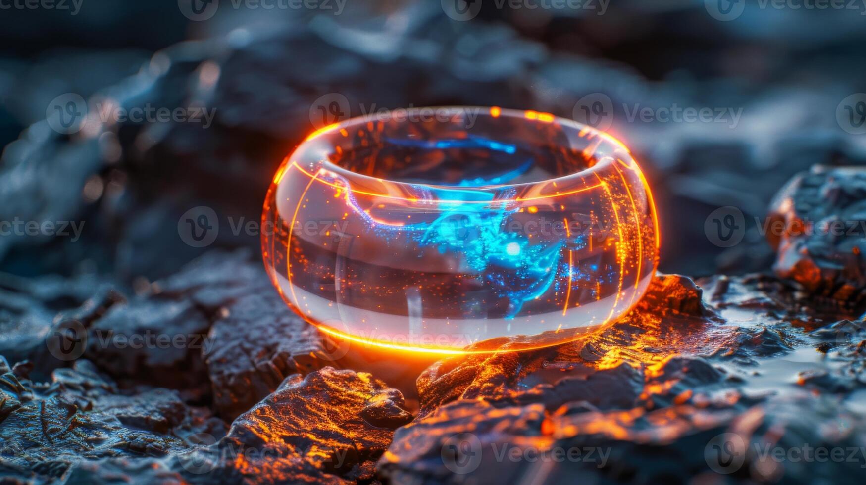 A beautifully crafted glass bowl glows with bright orange and blue hues, positioned on a textured dark rock surface close to shimmering water as the sun sets. photo