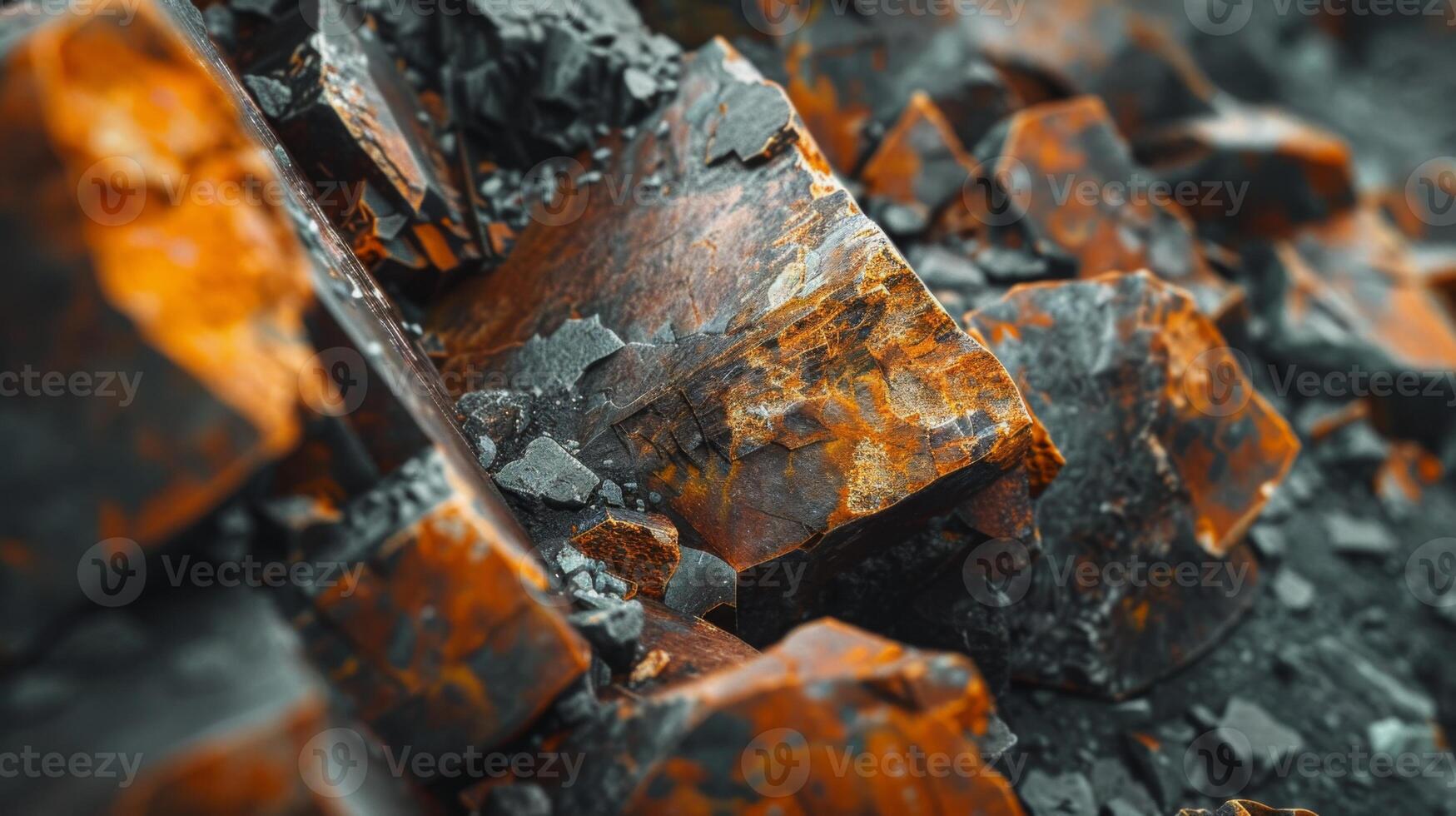 Intricate mineral deposits reveal a mix of vibrant orange and deep black hues, highlighting the complexity of geological formations in a natural setting under sunlight. photo