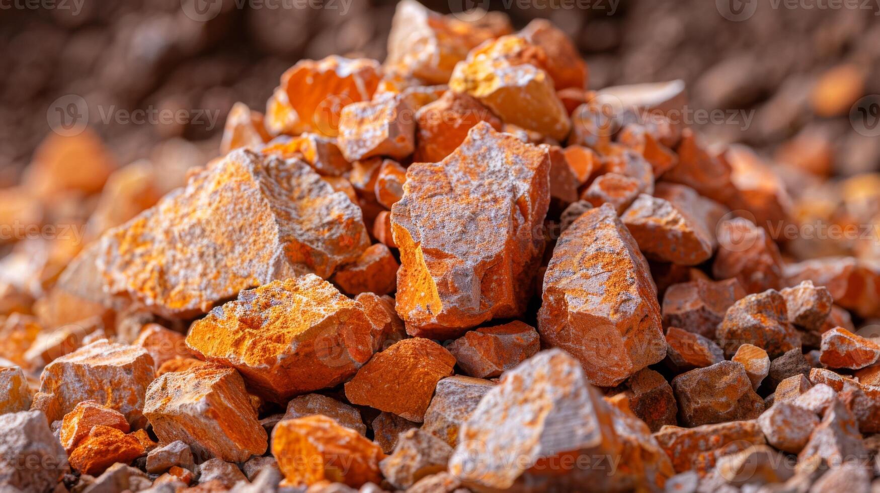 A close up view reveals a pile of orange rocks, showcasing various shapes and sizes. The sunlight illuminates the vibrant colors and textures of the stones, creating an appealing visual. photo