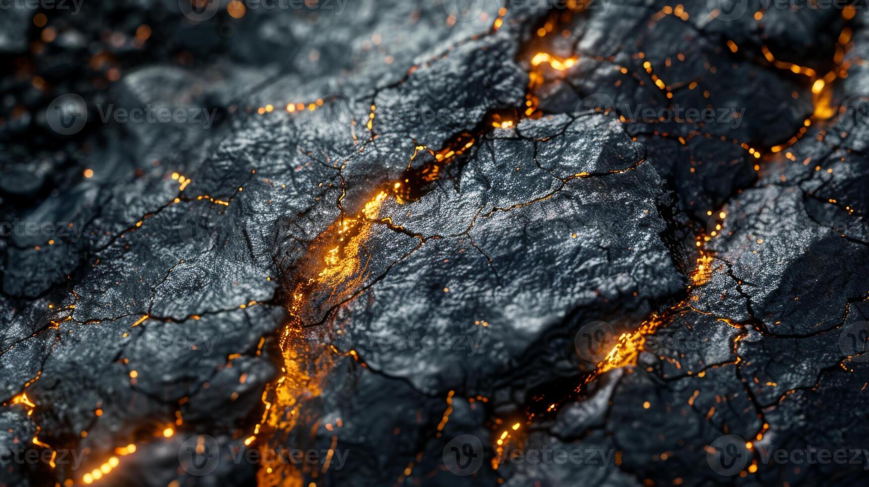 Close up view reveals intricate patterns formed by glowing lava cracks in volcanic rock, showcasing the intensity of heat during a nighttime exploration in a volcanic region. photo