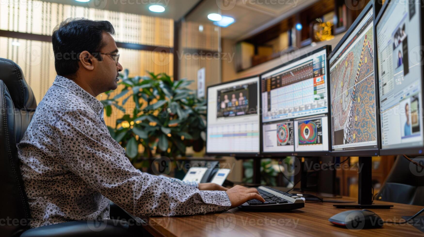 A focused individual is engaged in work, analyzing data across multiple computer screens in a contemporary office setup, surrounded by green plants. photo