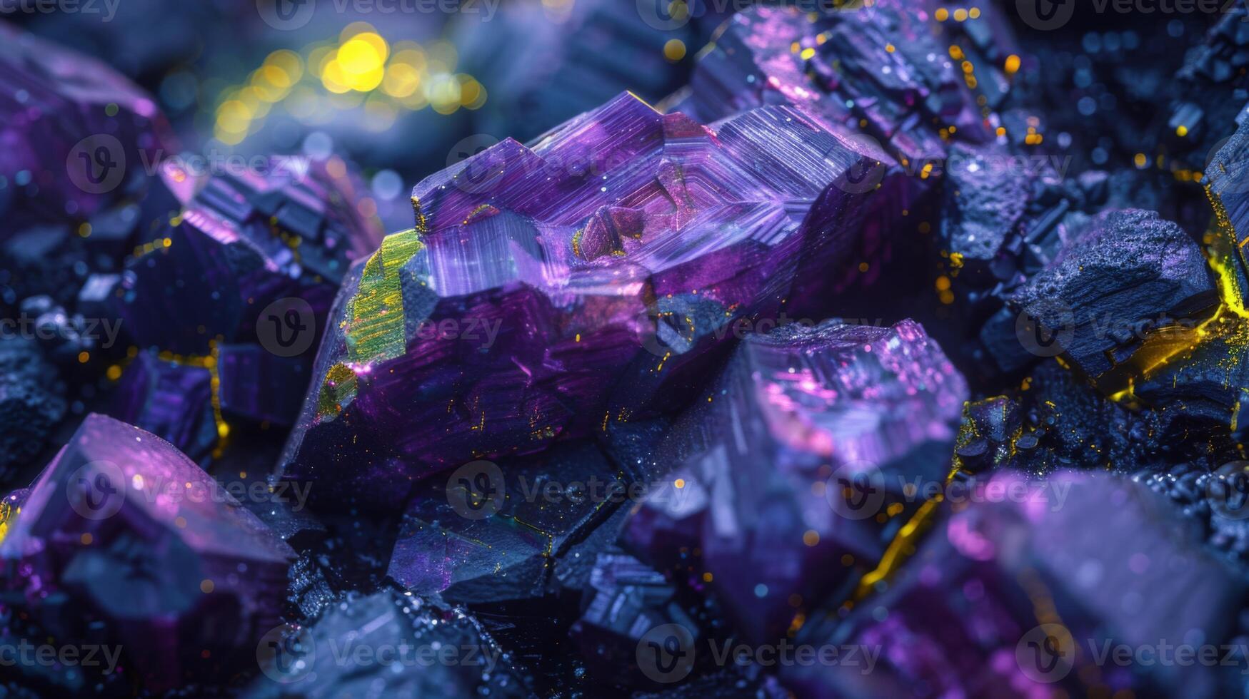 Exquisite clusters of purple and yellow fluorite crystals rest atop dark minerals, showcasing vibrant colors and intricate textures under natural light, creating a stunning visual display of geology. photo