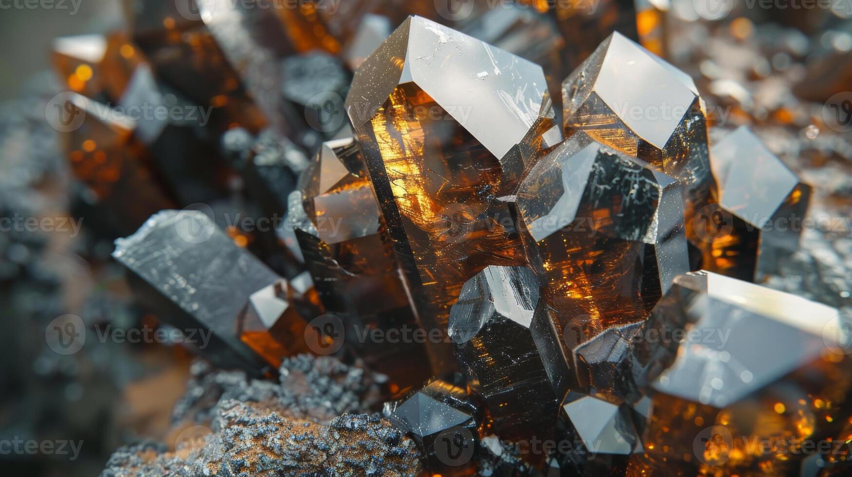 A stunning array of black and orange crystals comes together in an intricate cluster, reflecting light and revealing unique geometric patterns. photo