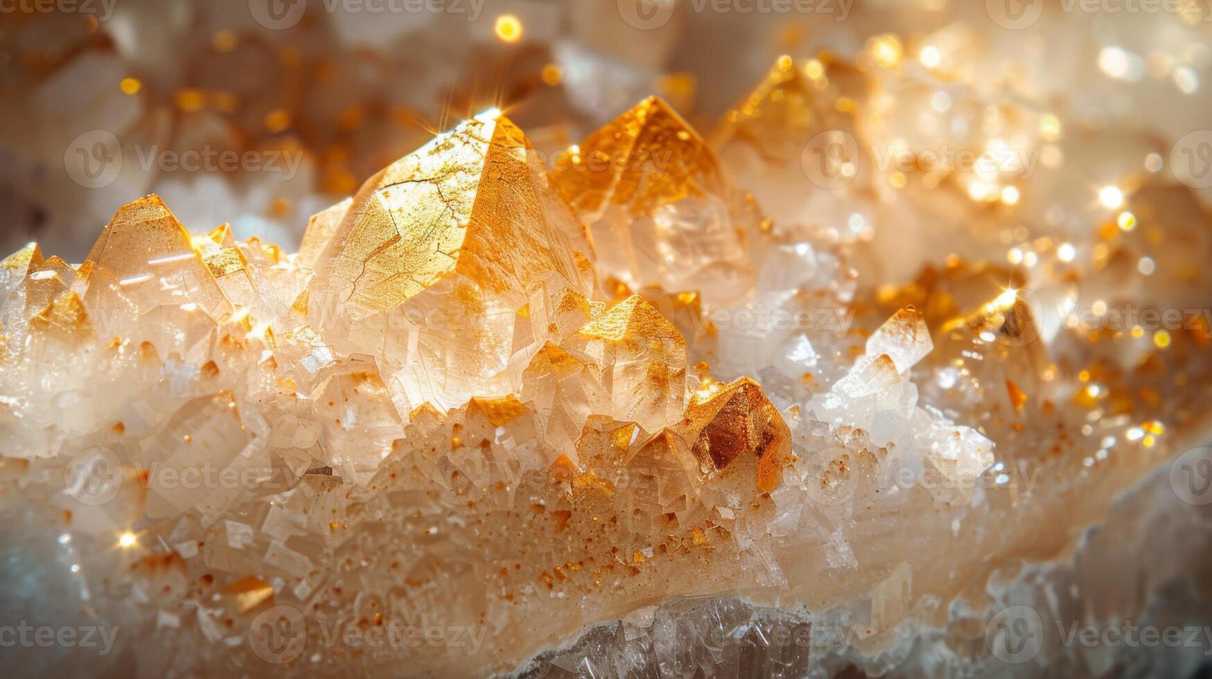 Golden quartz crystals rise prominently within a sparkling matrix of white minerals, showcasing a stunning natural formation illuminated by light, highlighting their intricate details. photo